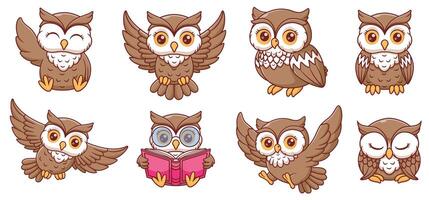 Eight cartoon owls displaying various poses and expressions, perfect for childrens books, illustrations, patterns, and stationery designs. vector
