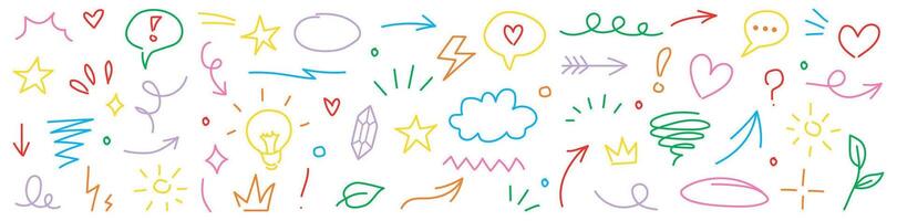 Collection of line marker hand drawn brush arrow element set. Sketch pencil stroke graphic pen underline scribble icon. Hand drawn line heart, crown, star symbol highlight marker shape. vector