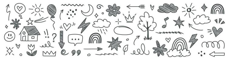 Collection of line marker hand drawn brush arrow element set. Sketch pencil stroke graphic pen underline scribble icon. Hand drawn line heart, crown vector