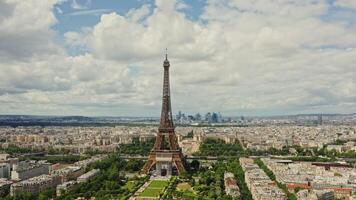 Drone horizontal panning view of the historic center of Paris with the Eiffel Tower in the foreground. France Paris historic photo