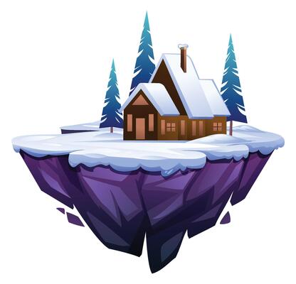 Snowy winter cabin house on rocky floating island with pine trees. Cartoon illustration