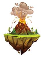 Exploding volcano on floating island with lava, smoke cloud and surrounding trees. Cartoon illustration vector