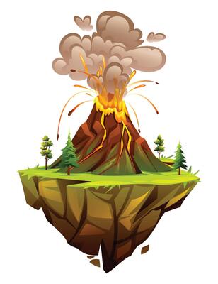 Exploding volcano on floating island with lava, smoke cloud and surrounding trees. Cartoon illustration