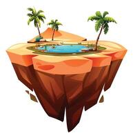 Palm trees and pond oasis on warm desert floating island terrain. Cartoon illustration vector