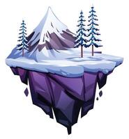 Snow mountain and pine trees on floating island in winter. Cartoon illustration vector