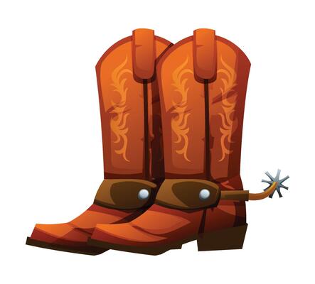 Cowboy boots with spurs, detailed design for horse riding and rodeo style. Cartoon illustration