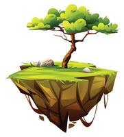 Floating island with tree and grass. Cartoon illustration vector