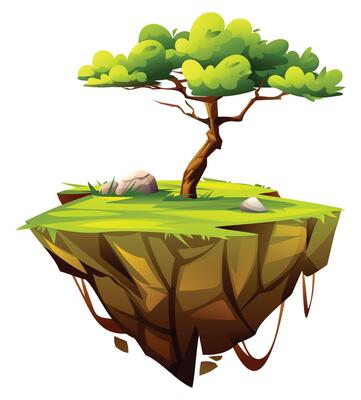 Floating island with tree and grass. Cartoon illustration