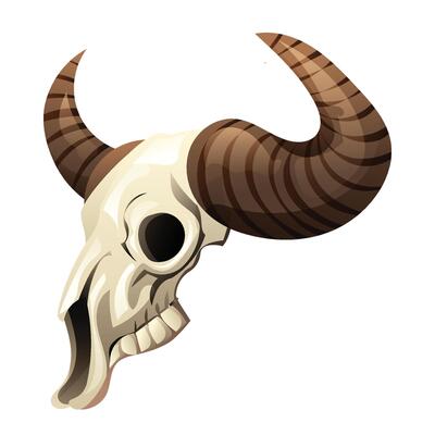 Side view of bull skull with curved horns, classic western style symbol. Cartoon illustration