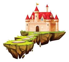 Fantasy castle with red roofs on floating island with stone path and grass. Cartoon illustration vector