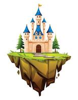 Castle with blue rooftops on a grassy floating island with stone path. Cartoon illustration vector