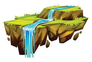 Green landscape on floating island with waterfall cascading from upper and lower terrain. Cartoon illustration vector