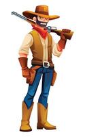 Cowboy resting rifle on shoulder, showing calm readiness. Cartoon character illustration vector