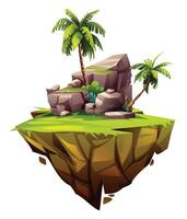 Floating island scene with palm trees and large rocks on green surface. Cartoon illustration vector