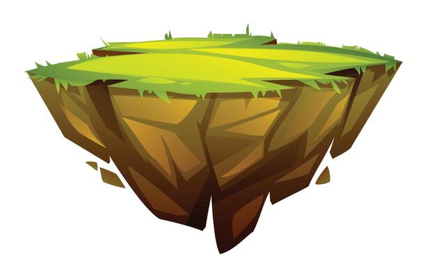 Floating island with grass and rocky edges. Cartoon illustration