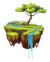 Grassy floating island with winding river and single tree. Cartoon illustration vector
