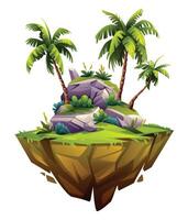 Floating jungle island with many palm trees, rocks and bushy greenery. Cartoon illustration vector