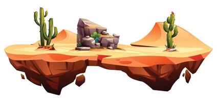 Desert floating island with rocky formations and cactus scattered across sandy terrain. Cartoon illustration vector