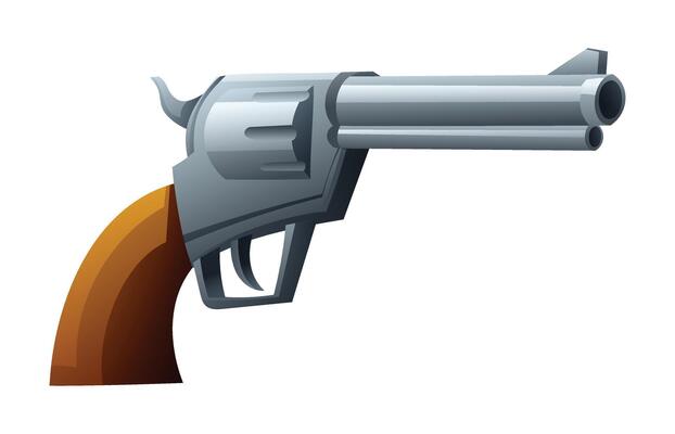 Classic revolver with wooden handle and metal barrel, side view on white background. Cartoon illustration