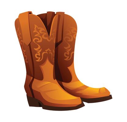 Pair of classic cowboy boots with ornate patterns, iconic western footwear. Cartoon illustration
