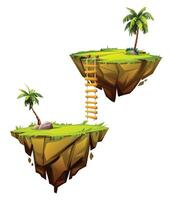 Floating islands connected by ladder with palm trees and rocks. Cartoon illustration vector