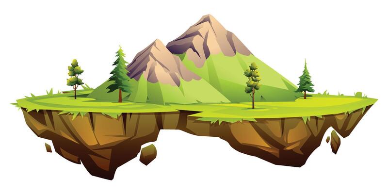Mountain with trees on a grassy floating island landscape. Cartoon illustration