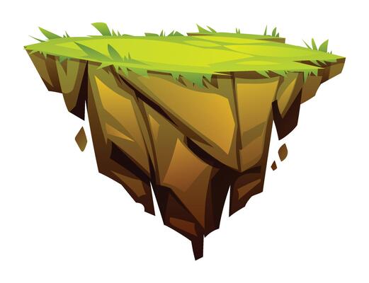 Floating island with grass and jagged rocky base. Cartoon illustration