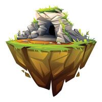 Cave entrance on floating island with stone path and grass. Cartoon illustration vector