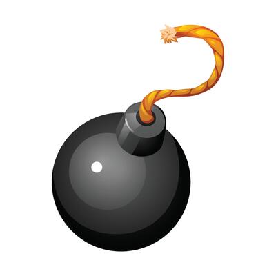 Black cartoon round bomb with fuse, classic explosive icon. Cartoon illustration