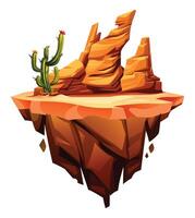 Cactus on red rock desert floating island with pointed rocky spires. Cartoon illustration vector