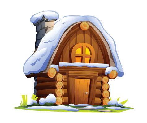 Rustic wooden log cabin covered with snow, stone chimney and frosty ground. Cartoon illustration
