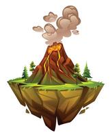 Erupting volcano on grassy floating island with clouds of smoke and lava flow. Cartoon illustration vector