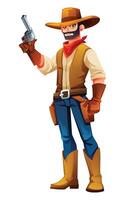 Cowboy holding revolver with bold expression, ready to shoot. Cartoon character illustration vector