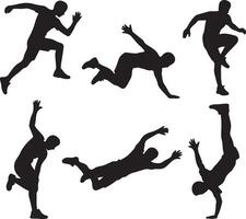 Dynamic Silhouettes of Men Performing Extreme Parkour Moves in Energetic Action Poses - Professional digital artwork with vibrant colors and detailed composition vector