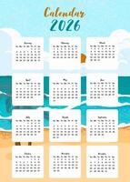 2026 table monthly calendar week start on Sunday with beach that use for vertical digital and printable vertical vector