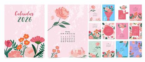2026 yearly calendar week start on Sunday with flower that use for vertical digital and printable A4 A5 size vector