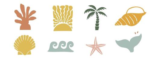 summer beach element object with shell,sun,wave,tail fish,tree vector
