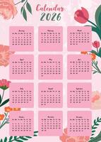 pink 2026 table yearly calendar week start on Sunday with flower that use for vertical digital and printable A4 A5 size vector