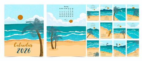 2026 table monthly calendar week start on Sunday with beach that use for vertical digital and printable A4 vector