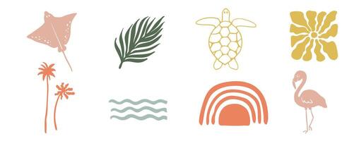 summer beach element object with rainbow,turtle,sun,flamingo vector
