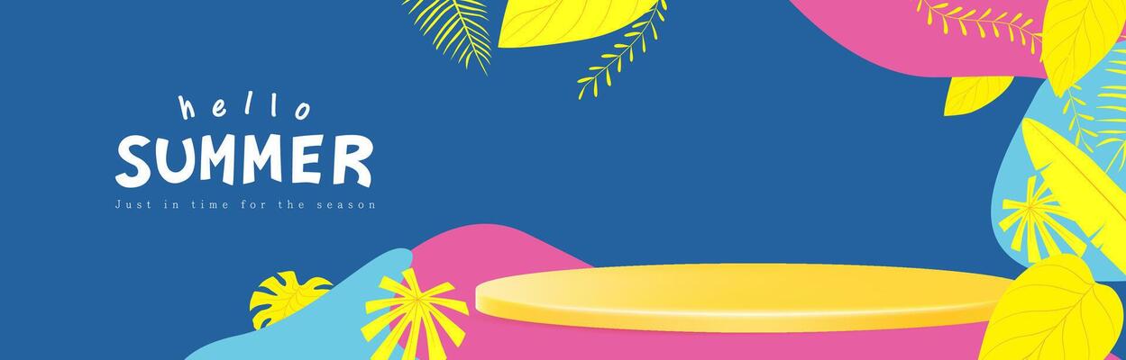 Colorful summer background with tropical leaves and yellow podium on blue backdrop. Perfect for seasonal sale or product display.