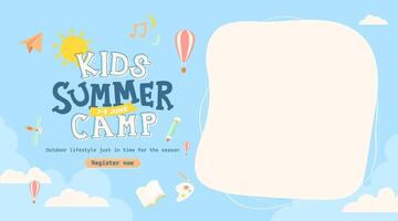 Colorful kids summer camp poster in cartoon style with copy space for custom text and creative activity theme vector