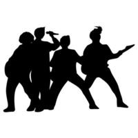 Silhouetted musicians are performing energetically with guitar and microphone in a dynamic pose, creating a vibrant and entertaining atmosphere perfect for event promotions and music-related content. vector