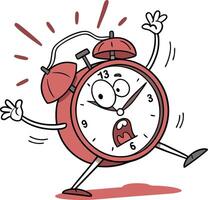 funny alarm clock cartoon character running in panic with scared face and ringing bell vector