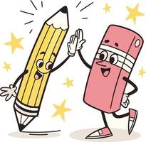 cute cartoon pencil and eraser giving high five with smiling happy expressions vector