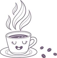 cute kawaii coffee cup with smile face and steam and coffee beans illustration vector