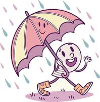 happy character holding umbrella walking in rain with smiling face and colorful drops vector