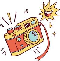 fun colorful cartoon camera with smiling sun and happy photography concept scene vector