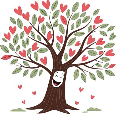 happy tree with heart leaves smiling face cartoon nature love environment cute