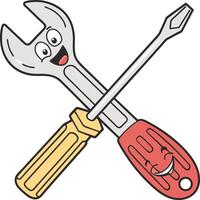 funny wrench and screwdriver with happy faces crossed in cartoon hand tool style vector